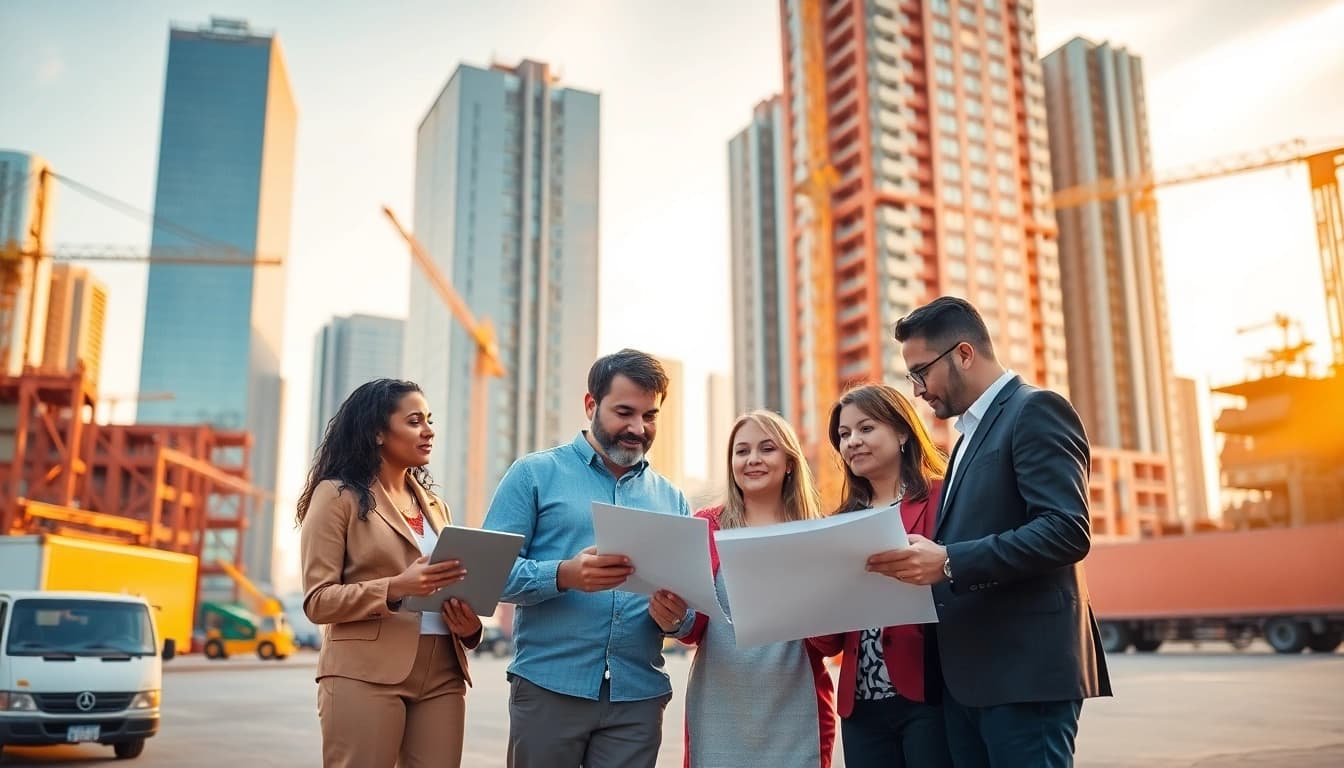 Engaging scene of real estate & logistics professionals collaborating in an urban setting.