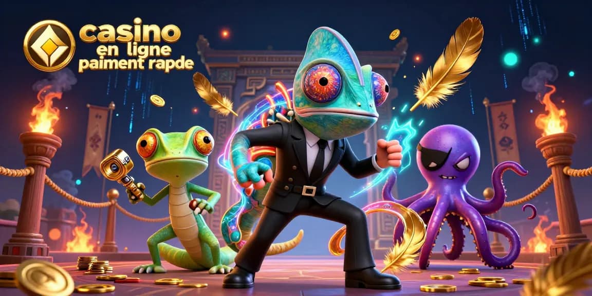 une illustration dynamique de casino en ligne paiement rapide avec un caméléon agent secret et un gecko intelligent