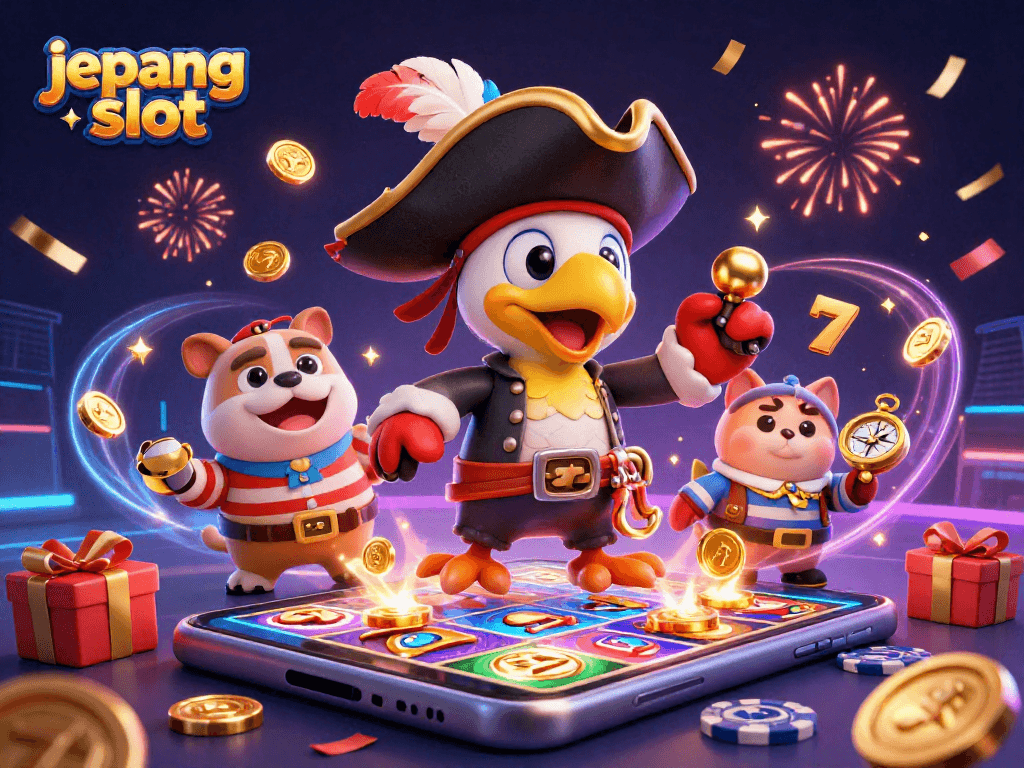 Explore thrilling jepang slot adventures with a pirate and friends in a colorful casino scene.