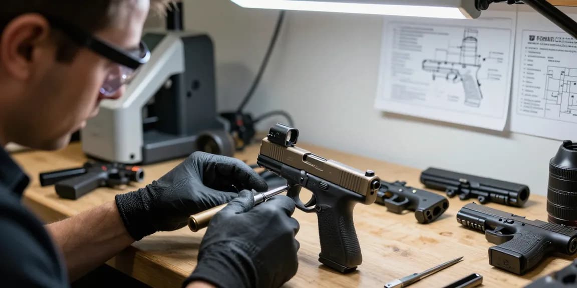 Glock slide customization at https://precisionglockslides.com workshop showcasing precision tools and aftermarket parts.