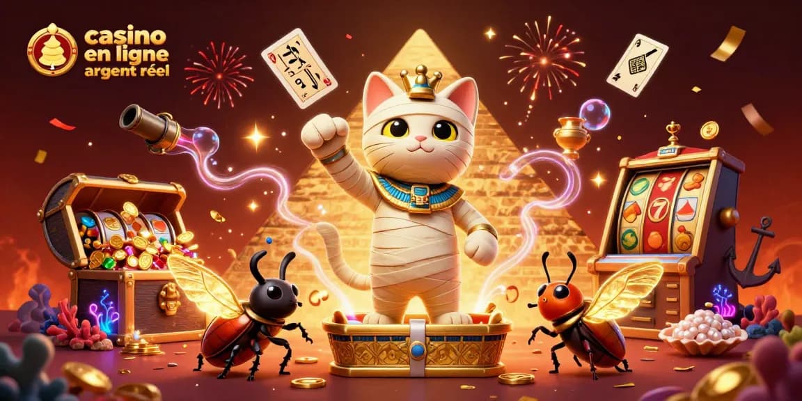 Jouez à casino en ligne argent réel avec une illustration 3D dynamique et colorée mettant en avant des éléments de casino.