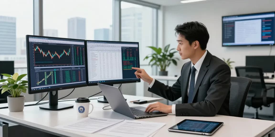Asset tracing analysis in a modern office with data charts and financial documents.