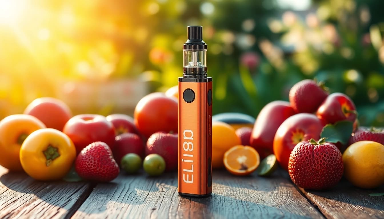 Elfbar Vape-Gerät in einem lebendigen, fruchtigen Setup auf einem Holztisch präsentieren.
