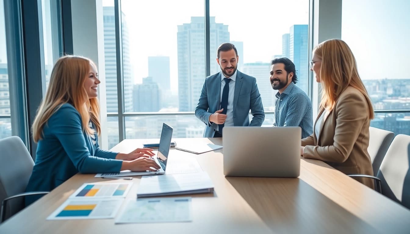 Real Estate agent assisting clients in a modern office, emphasizing professionalism and engagement.