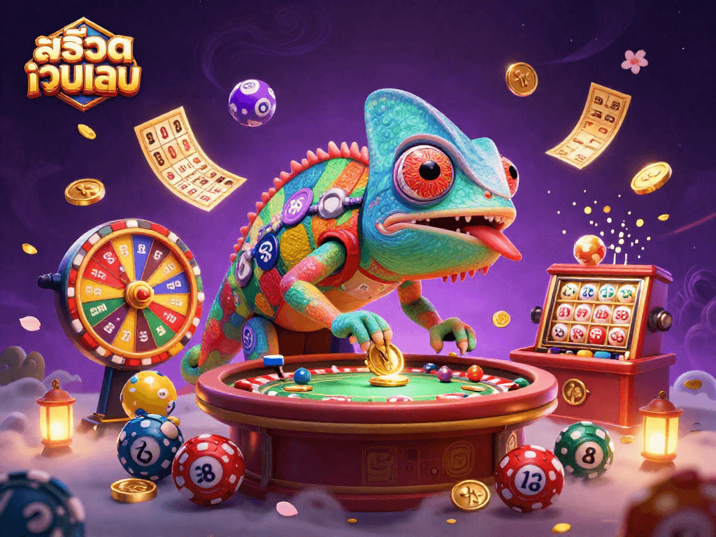 Engage with สล็อตเว็บตรง as a chameleon casino owner watches dynamic lottery elements in a vibrant scene.