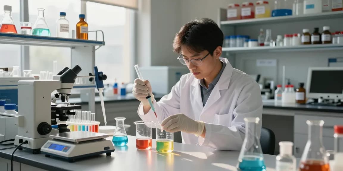 Experienced chemist conducting experiments in a professional lab for organic chemical supplier.