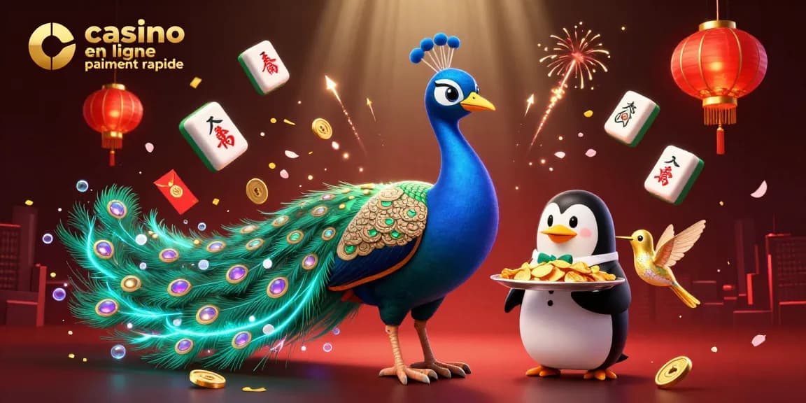 Découvrez l'efficacité du casino en ligne paiement rapide avec un paon aristocratique et un pingouin majordome.