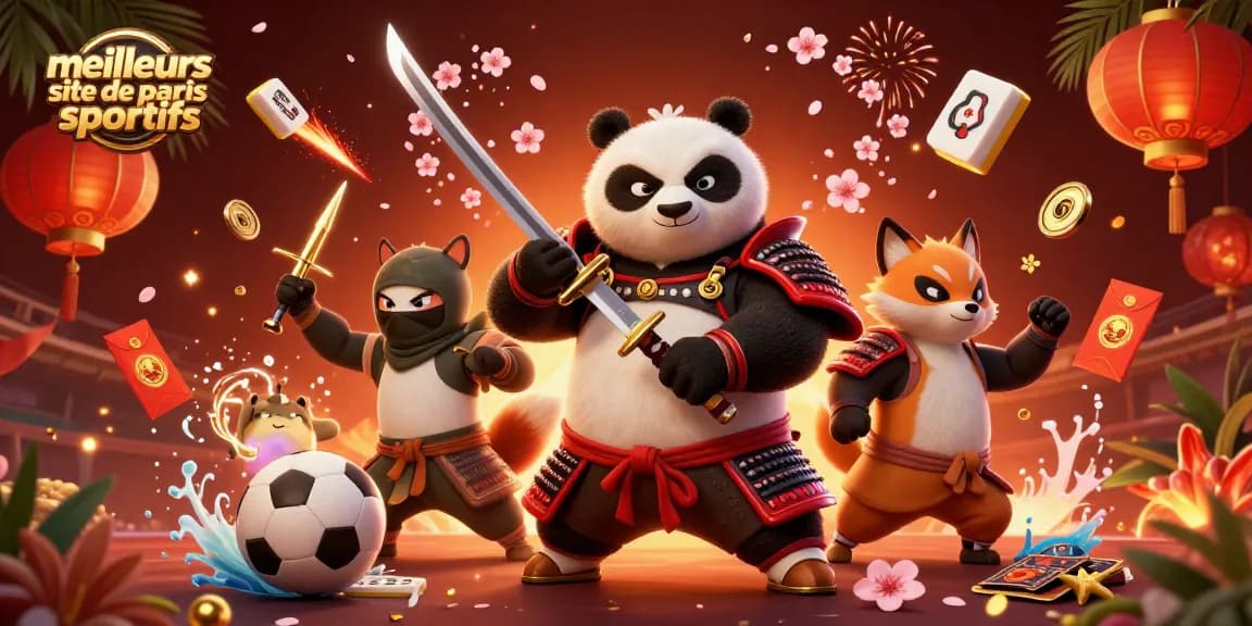 Image engageante d'un samouraï panda et un renard ninja illustrant meilleurs site de paris sportifs.