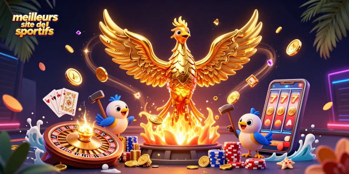 Plongez dans l'univers des paris avec les meilleurs sites de paris sportifs, illustré par un phénix d'or et des éléments de jeu dynamique.
