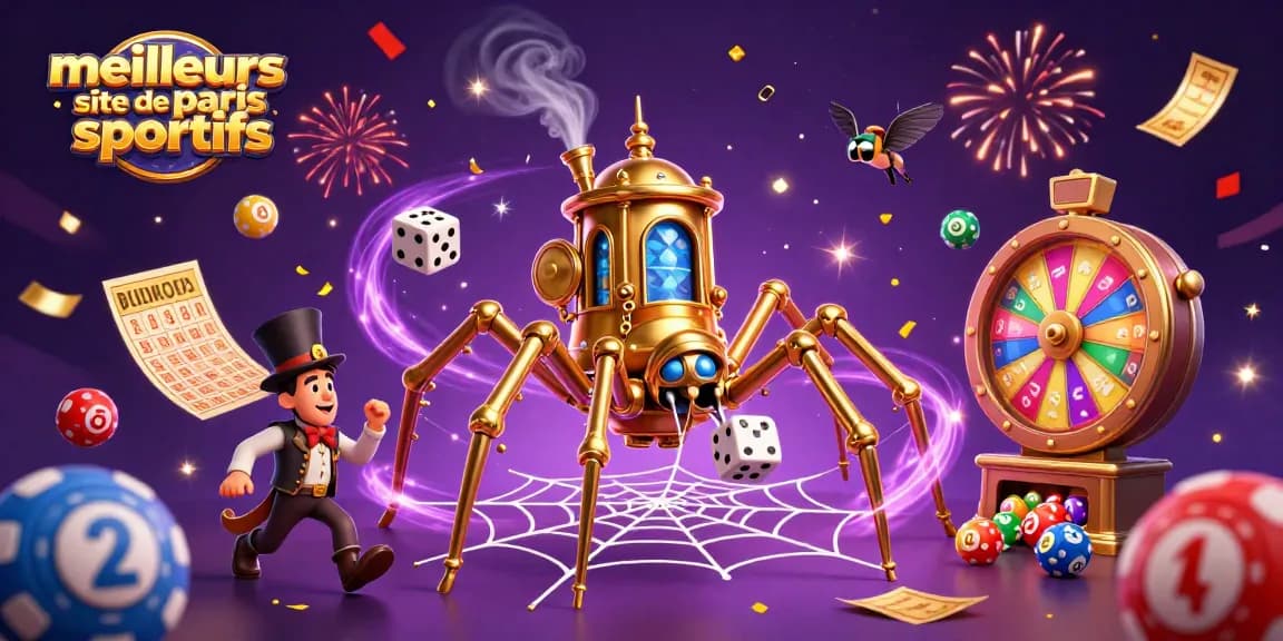 Explore les meilleurs sites de paris sportifs avec une illustration captivante des jeux de loterie et de gains.