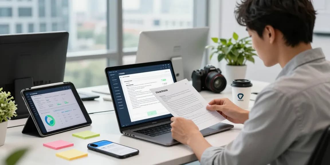 Detect PDF fraud using advanced AI technology in a vibrant office setting.