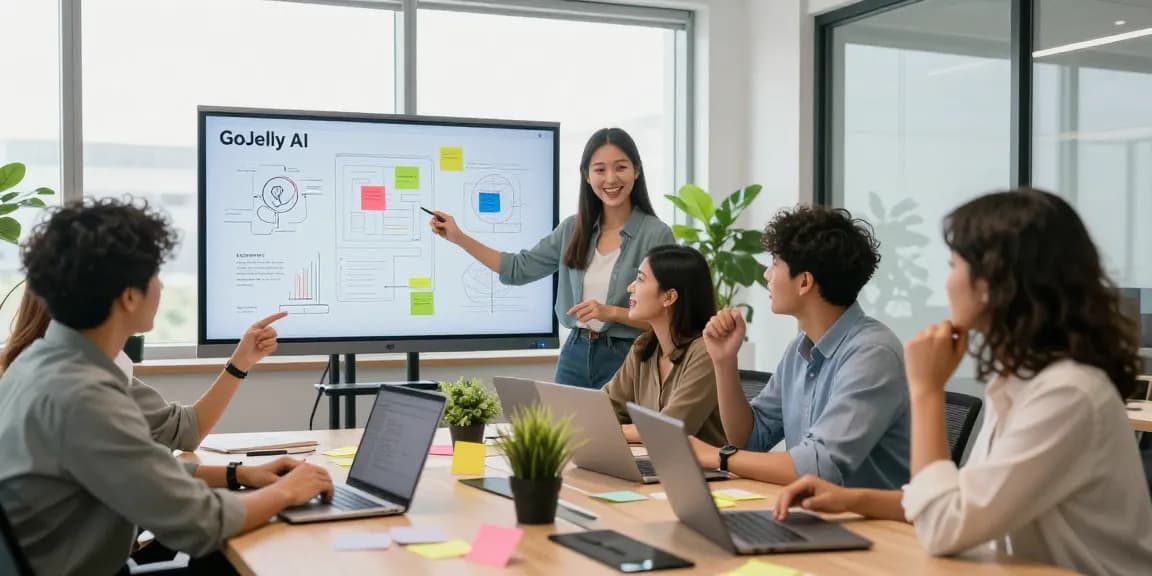 Team collaborating using mixboard ai in a bright modern office, vibrant brainstorming atmosphere.