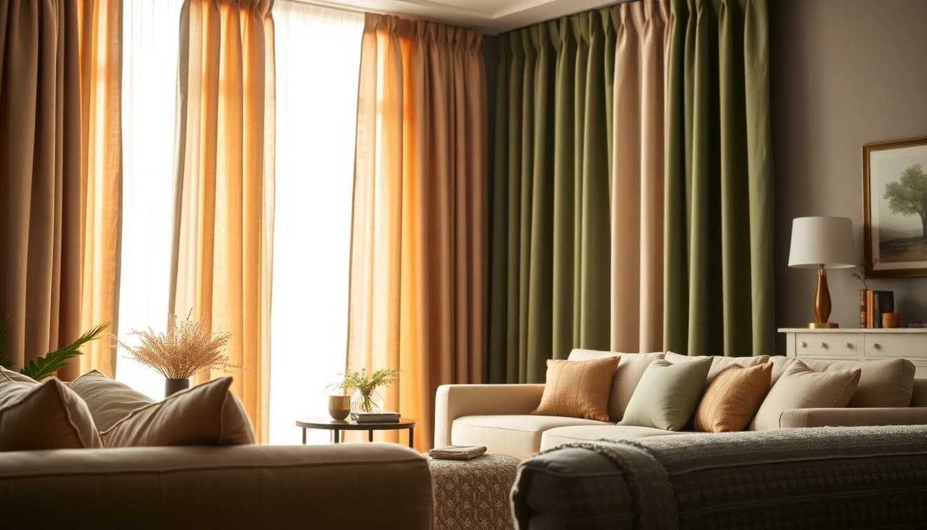 Gordijnstof in een stijlvolle woonkamer met luxe gordijnen en rijke texturen.