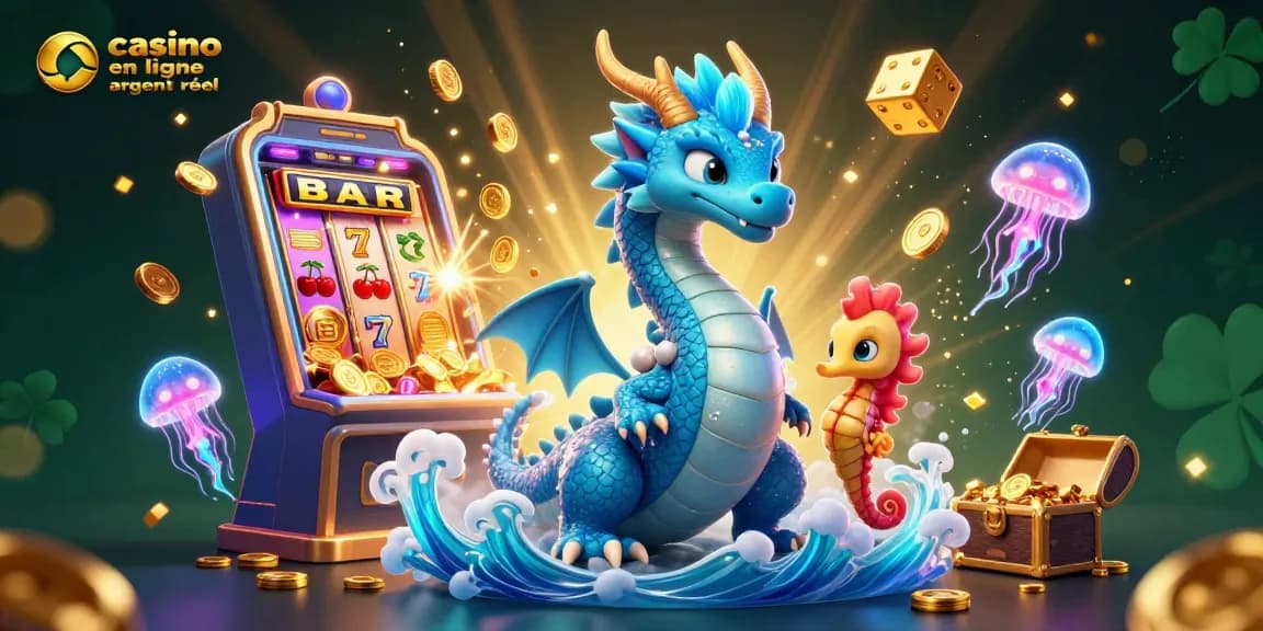 Pariez dans un casino en ligne argent réel entouré d'un dragon fascinant et de gains lumineux.