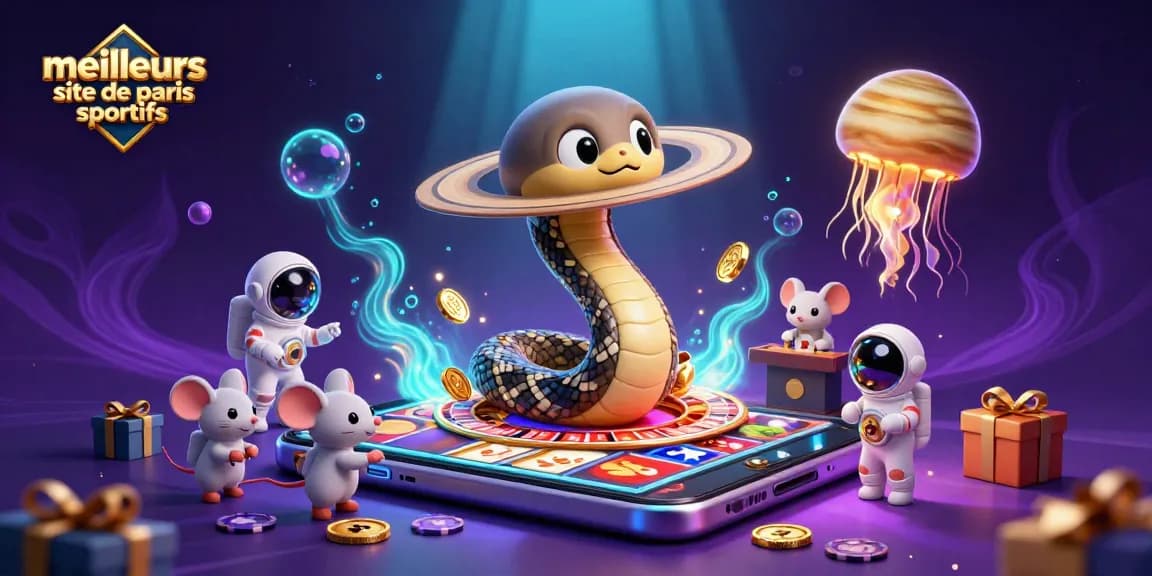 Illustration captivante des meilleurs sites de paris sportifs, avec un serpent Saturne et des astronautes pariant aux segments.