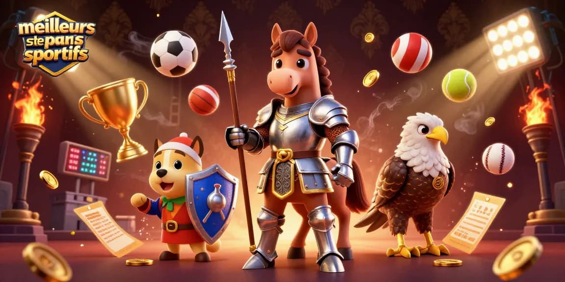 Meilleurs site de paris sportifs : illustration dynamique avec un cheval médiéval et des éléments sportifs.