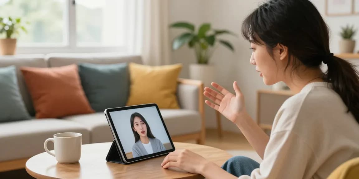 Engaging scene of user interacting with crush on ai app on tablet in a cozy modern setting.