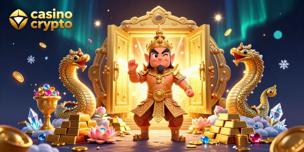 Jouez au casino crypto avec des gardiens et des serpents en or dans un décor de trésor lumineux.