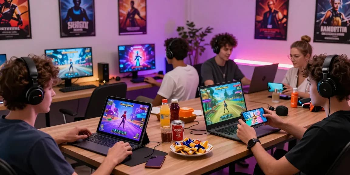 Engaged gamers playing porngame on various devices in a vibrant gaming lounge.
