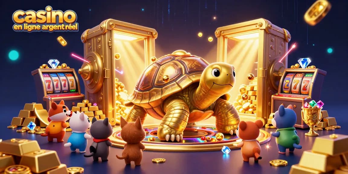 Image colorée représentant le jeu de casino en ligne argent réel avec des personnages animés jouant autour d'une machine à sous.