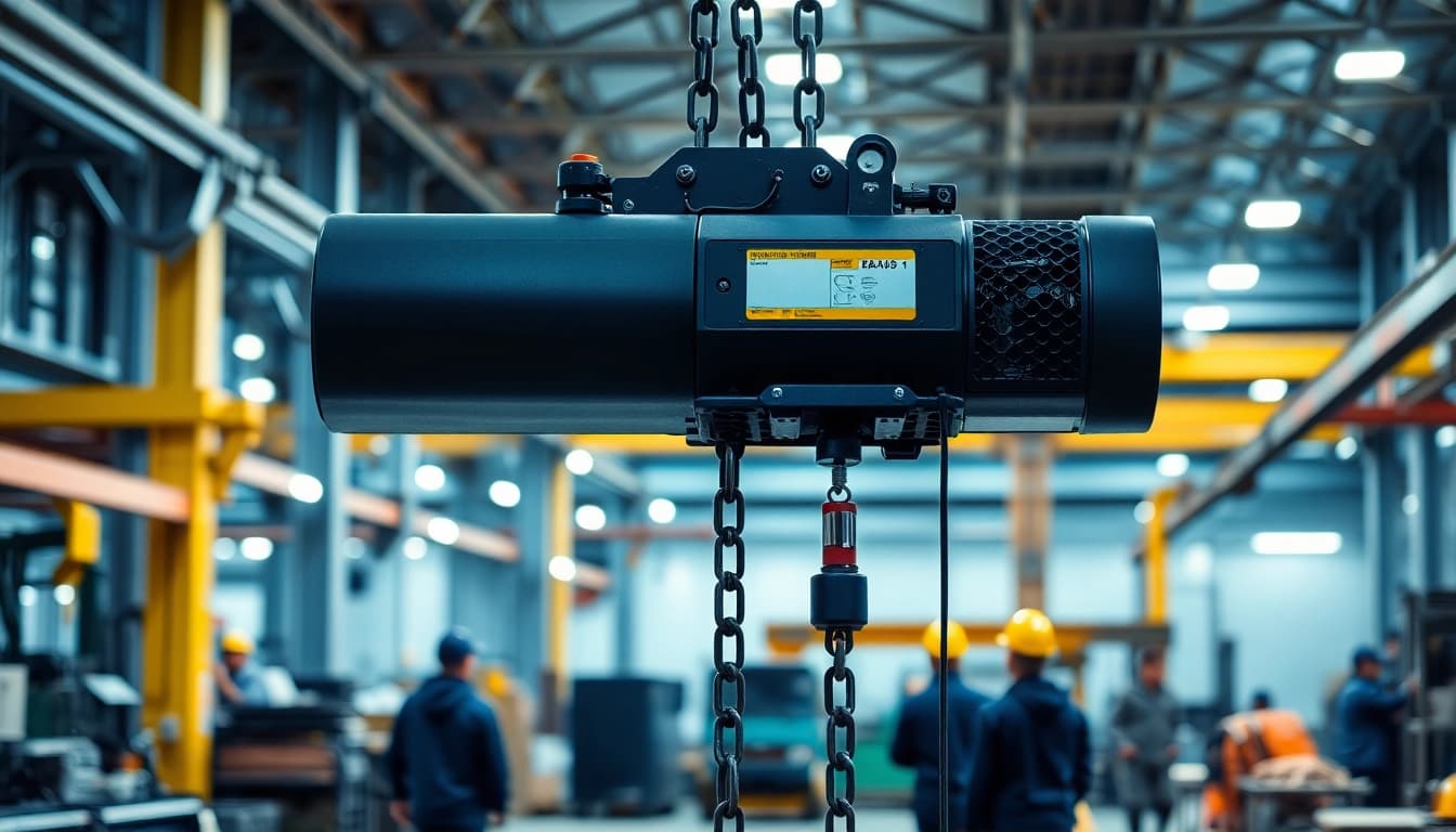 Efficient electric chain hoist crane lifting heavy materials in an industrial setting.