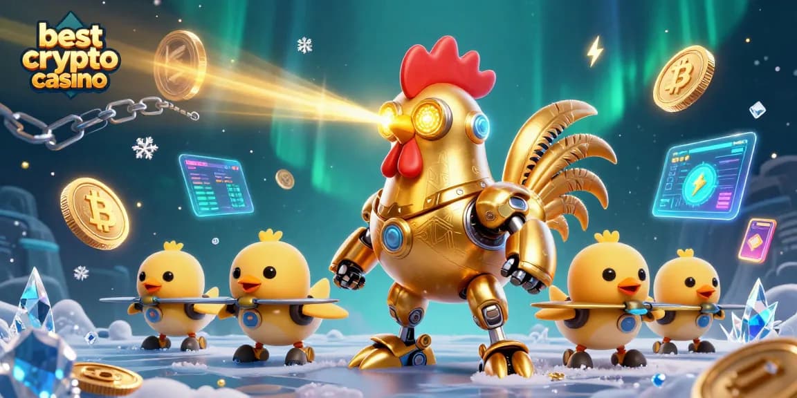 Jouez dans le meilleur casino crypto avec un robot coq et des drones poussins, et remportez des gains avec les crypto-monnaies.