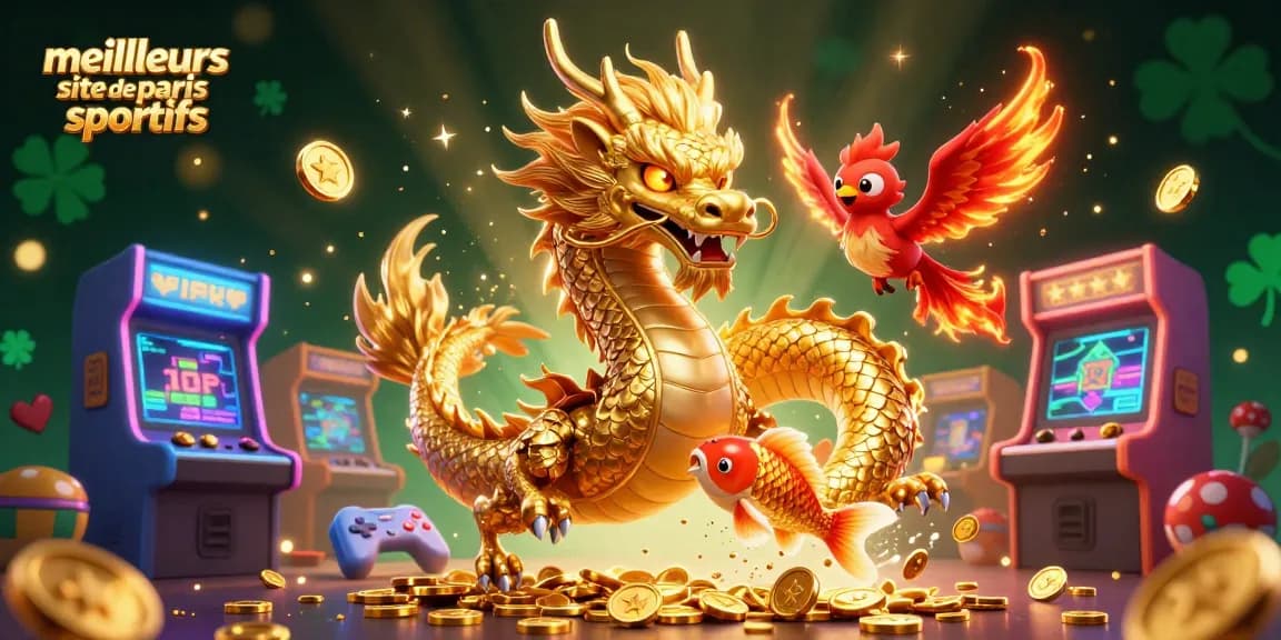 Meilleurs site de paris sportifs : Illustration dynamique avec dragon, phénix et koi lors d'un pari gagnant.