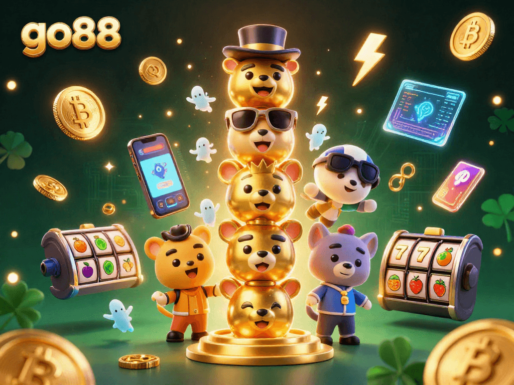 Experience thrilling gameplay with go88, a vibrant 3D casino scene filled with animated characters and slot elements.