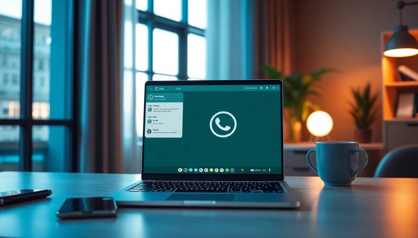 笔记本电脑上显示的 WhatsApp Web 界面，突出显示快连VPN 的安全通信功能。