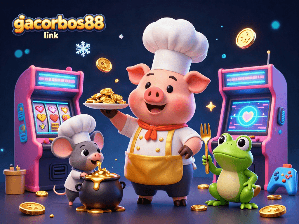 Engage with the exhilarating gacorbos88 link featuring a chef pig serving gold coins amidst arcade games and casino elements.