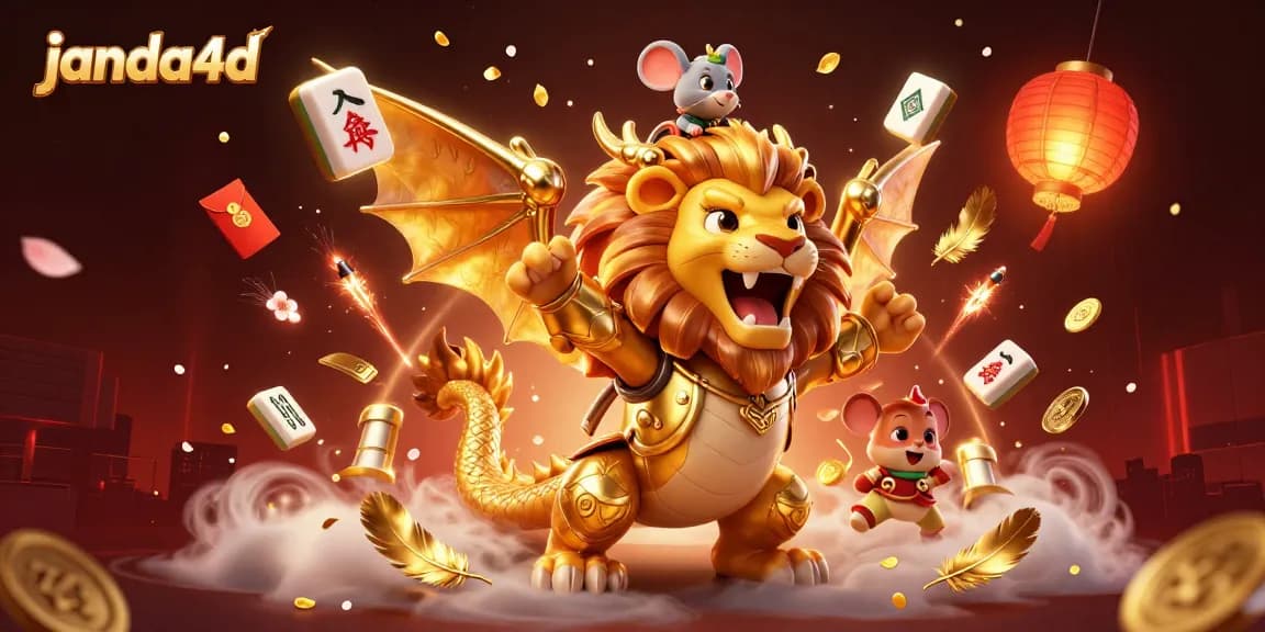 Janda4d menangkap momen kemenangan dengan makhluk chimera dalam aksi, dikelilingi elemen perjudian yang menakjubkan.