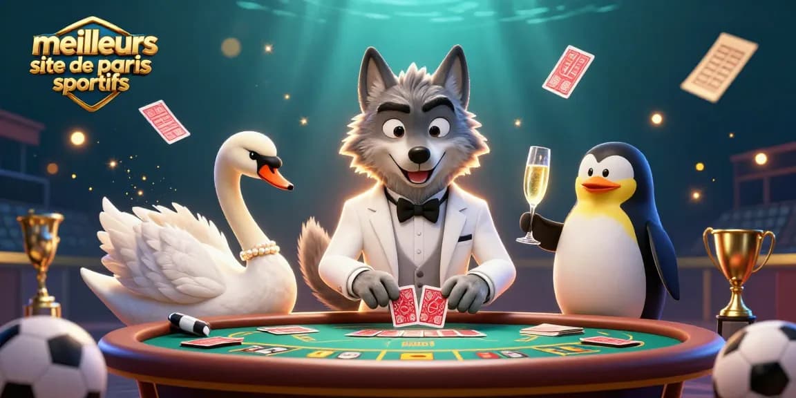 Illustration artistique de meilleurs site de paris sportifs avec un loup, un cygne et un pingouin, pour des paris captivants.