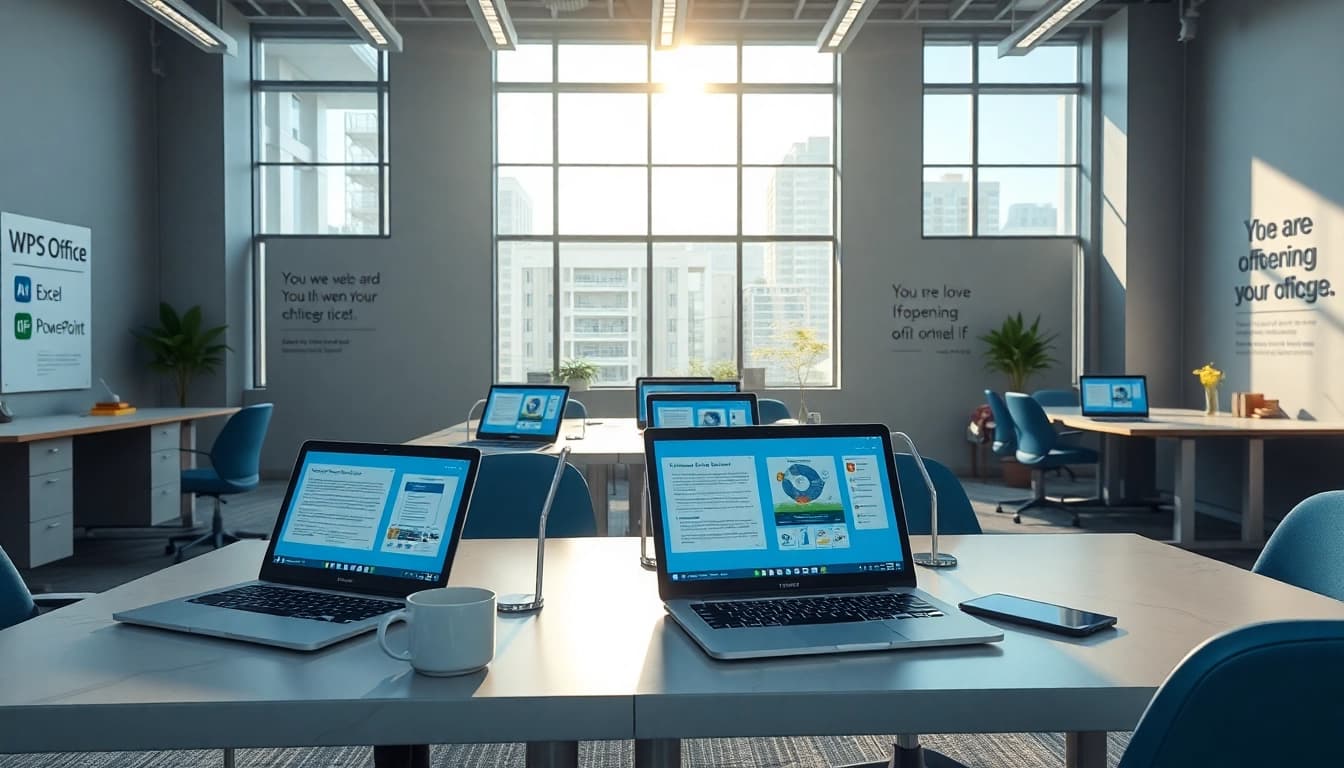 现代办公室环境，桌面整洁，显示 WPS Office 软件，营造高效的工作空间。