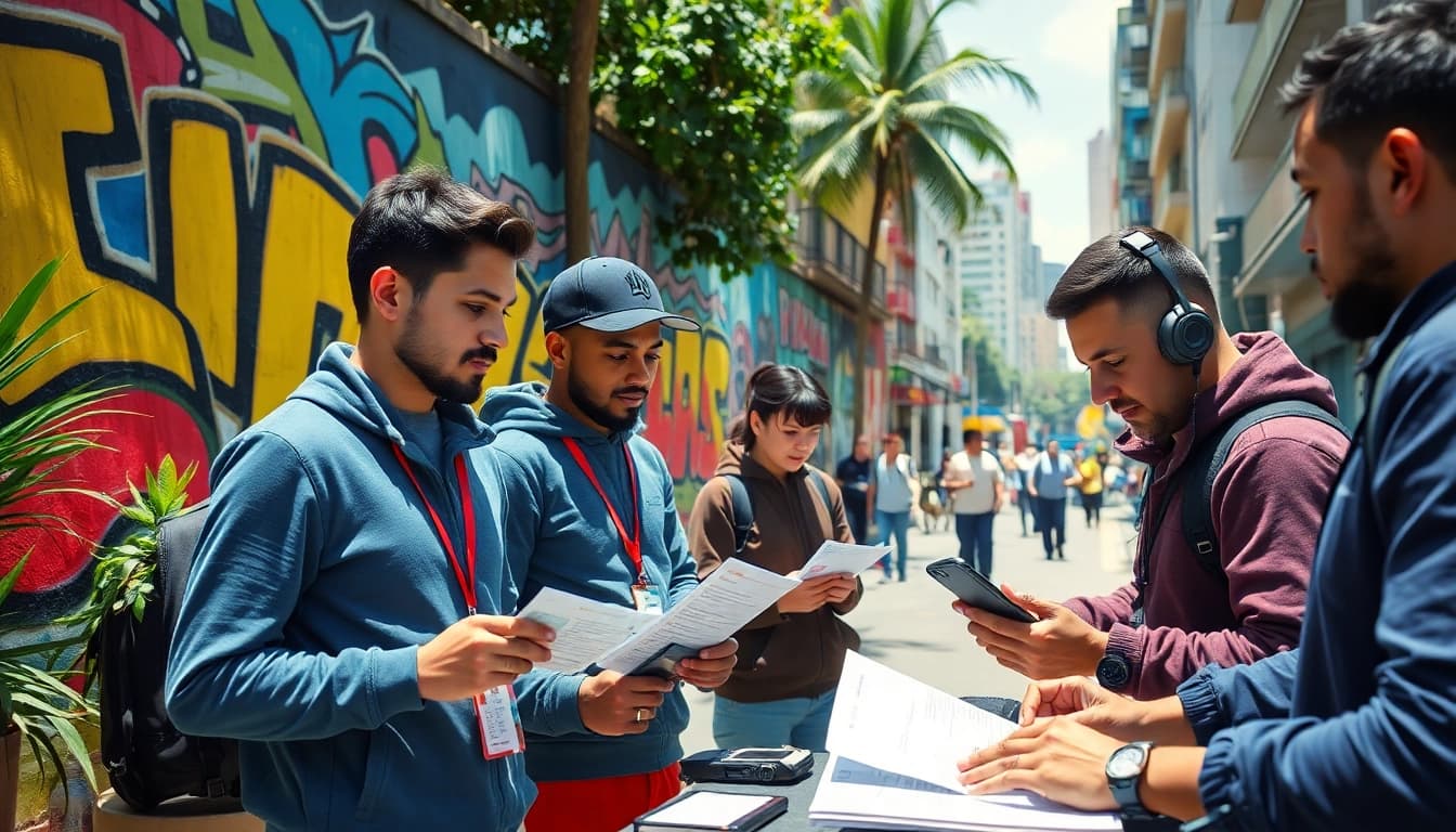 Discover dynamic sports betting enthusiasts reviewing best sportsbooks in Brazil amid a lively city backdrop.