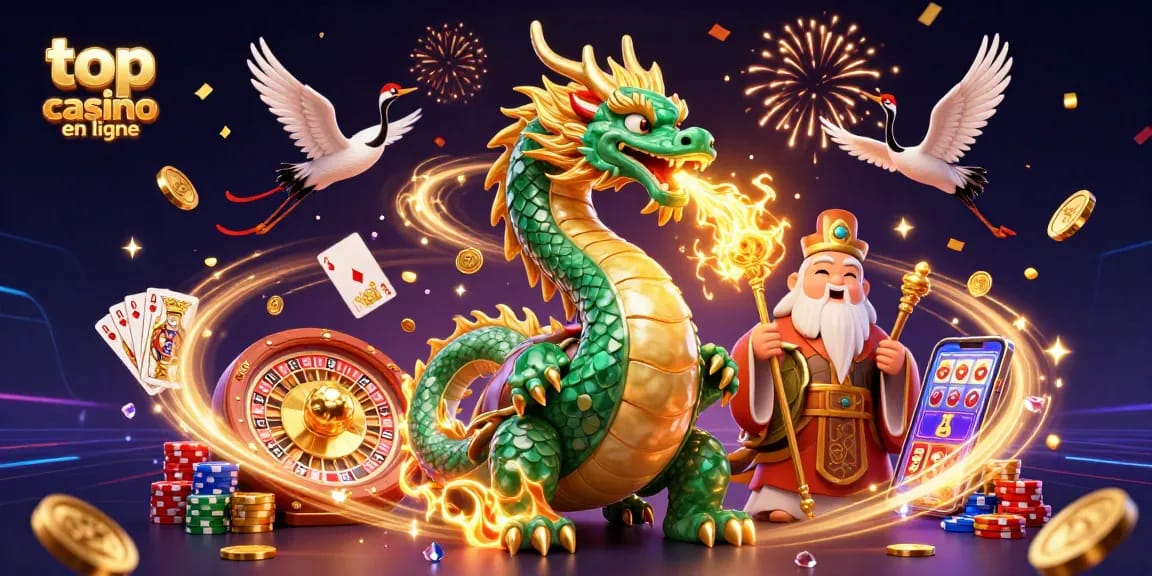 Illustration montrant le meilleur casino en ligne avec un dragon émeraude et des gains en or.