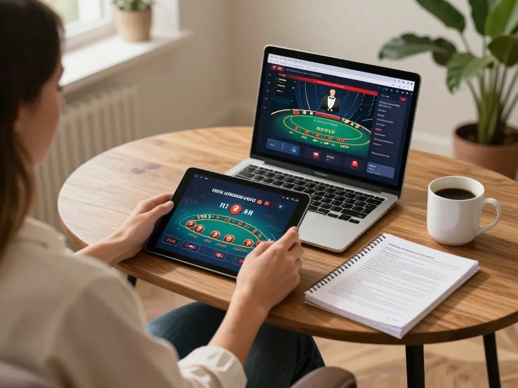 Player using 888top app for live blackjack on tablet in cozy home setting