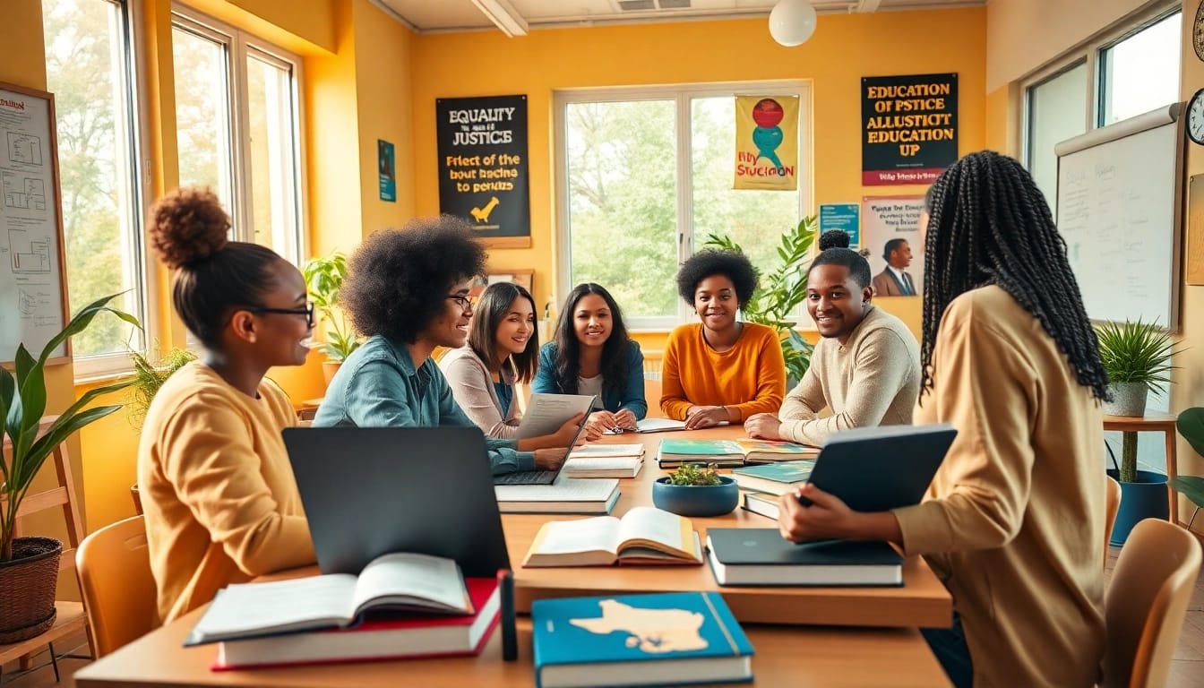 Education scene with diverse students collaborating in a bright classroom.