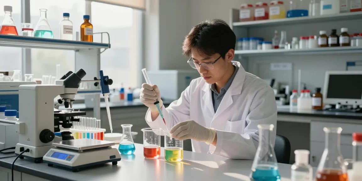 Experienced chemist conducting experiments in a professional lab for organic chemical supplier.
