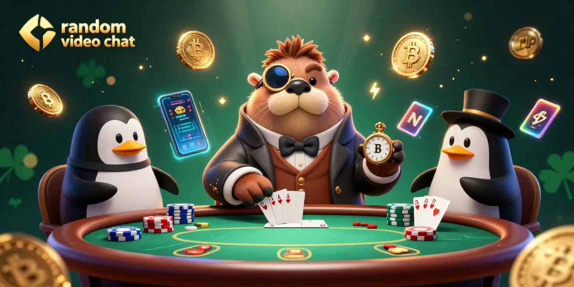 Experience random video chat interactions with poker characters in this vibrant casino scene.