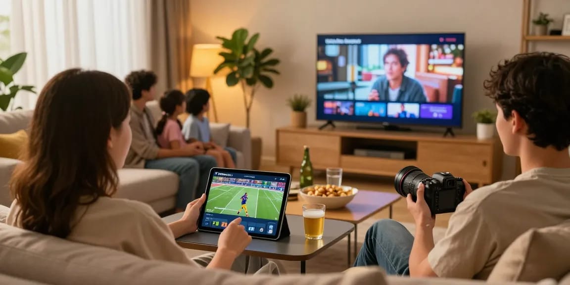 Streaming Pikashow with live sports on a tablet in a cozy living room.