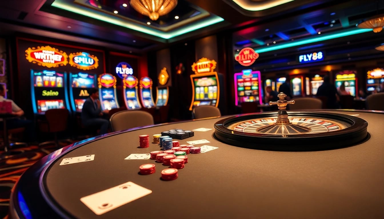 Experience the excitement of FLY88 Đăng kí as gamblers engage at a luxurious casino table.
