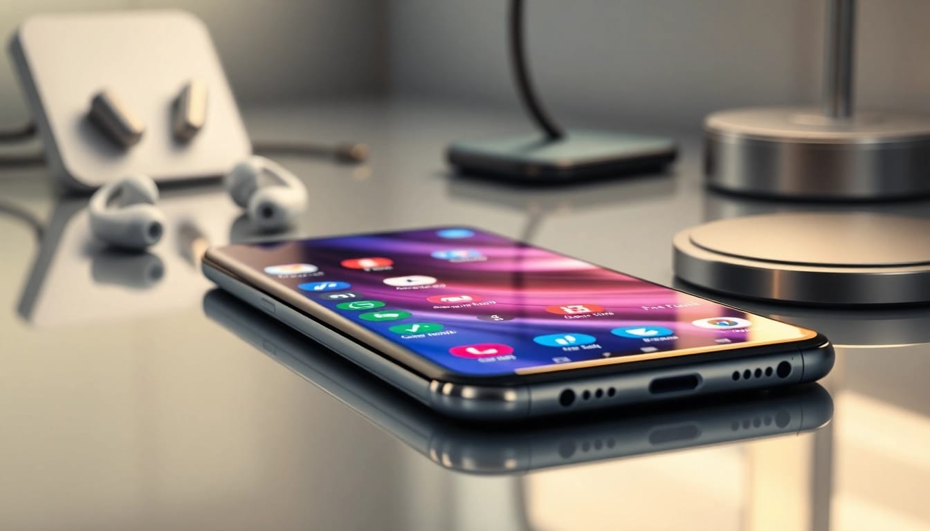 Samsung Galaxy S8 smartphone displayed with vibrant screen and modern accessories.