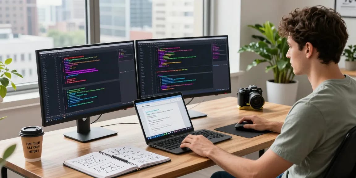 Developer coding with Telegram API at workspace, showcasing telegram官网 features.