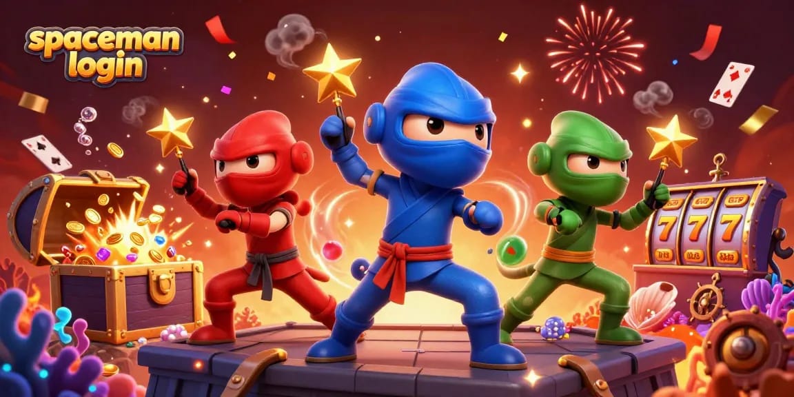 Engage in excitement with spaceman login featuring ninja chameleons amidst vibrant casino elements.