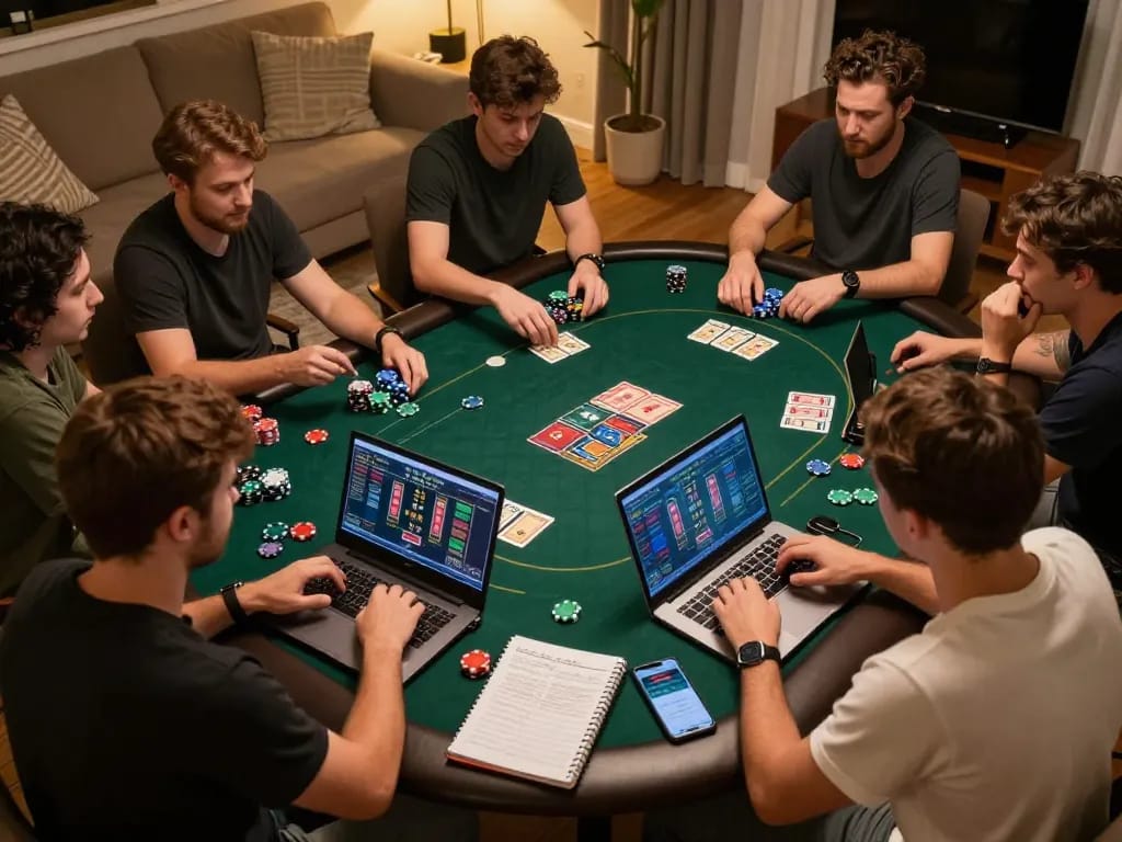 77WIN poker players enjoying a strategic game night at home with laptops and betting apps.