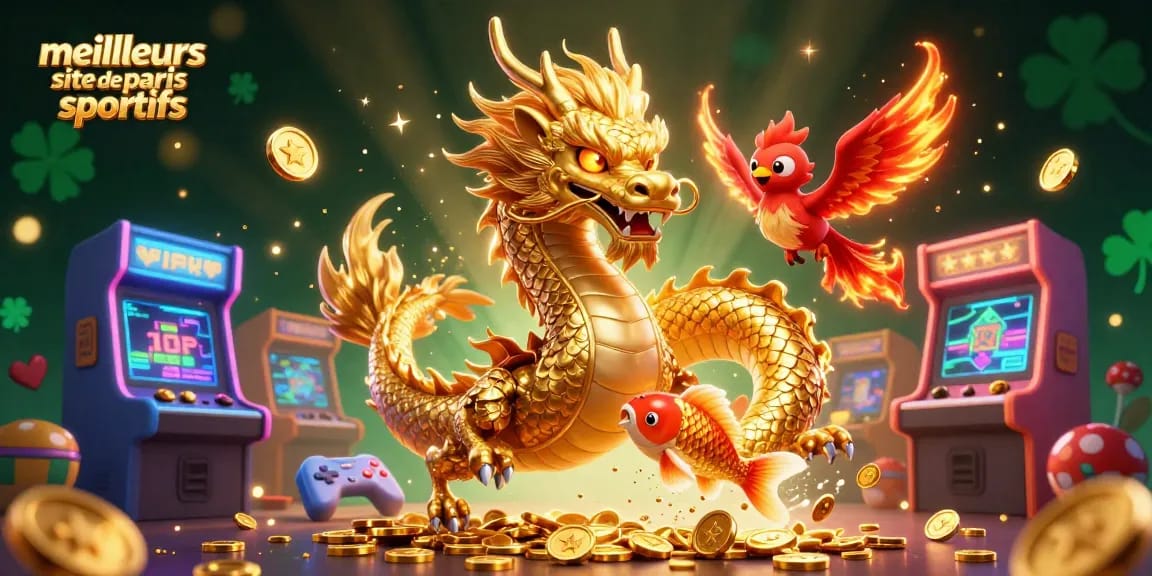 Meilleurs site de paris sportifs : Illustration dynamique avec dragon, phénix et koi lors d'un pari gagnant.