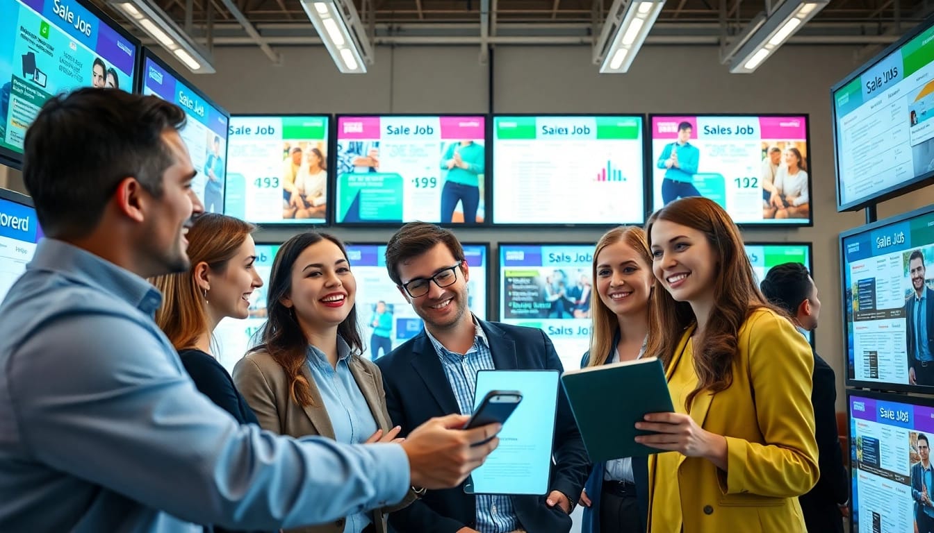 Individuals engaging with sales job boards in a modern office setting showcasing vibrant technology.