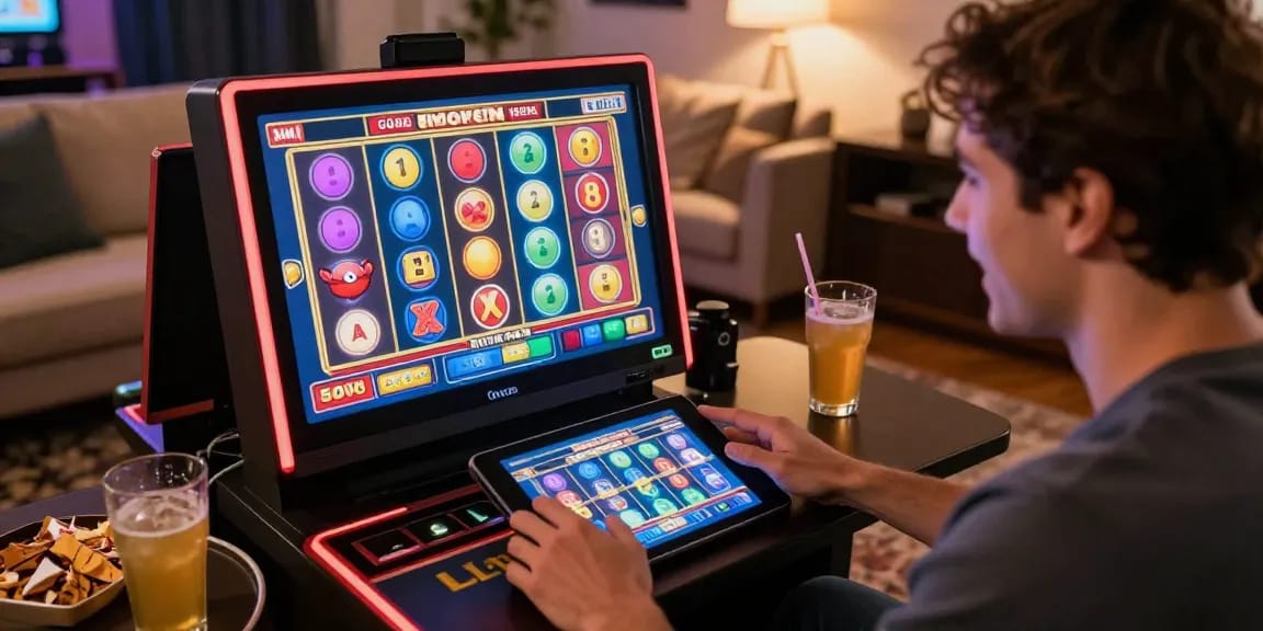 Excited player engaging with slot deposit 1000 gameplay on a tablet in a cozy home setting