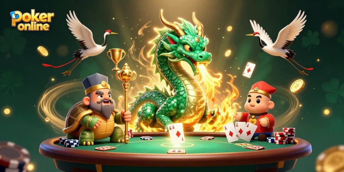 Experience poker online excitement with a 3D illustration featuring a jade dragon and poker elements in action.