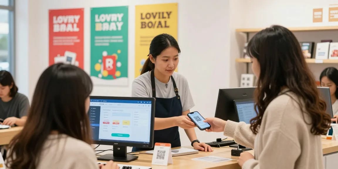 Customer using loyalty software to redeem rewards at a small business.